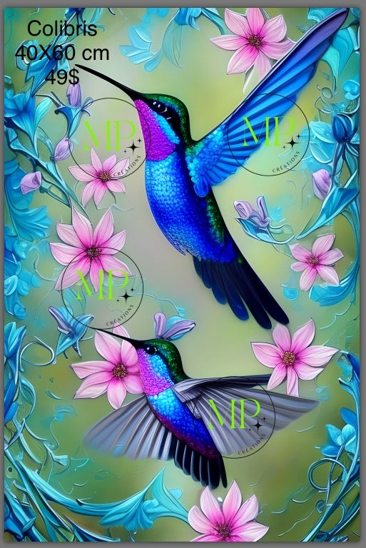 Hummingbirds 40X60cm. Square resin 49 colors